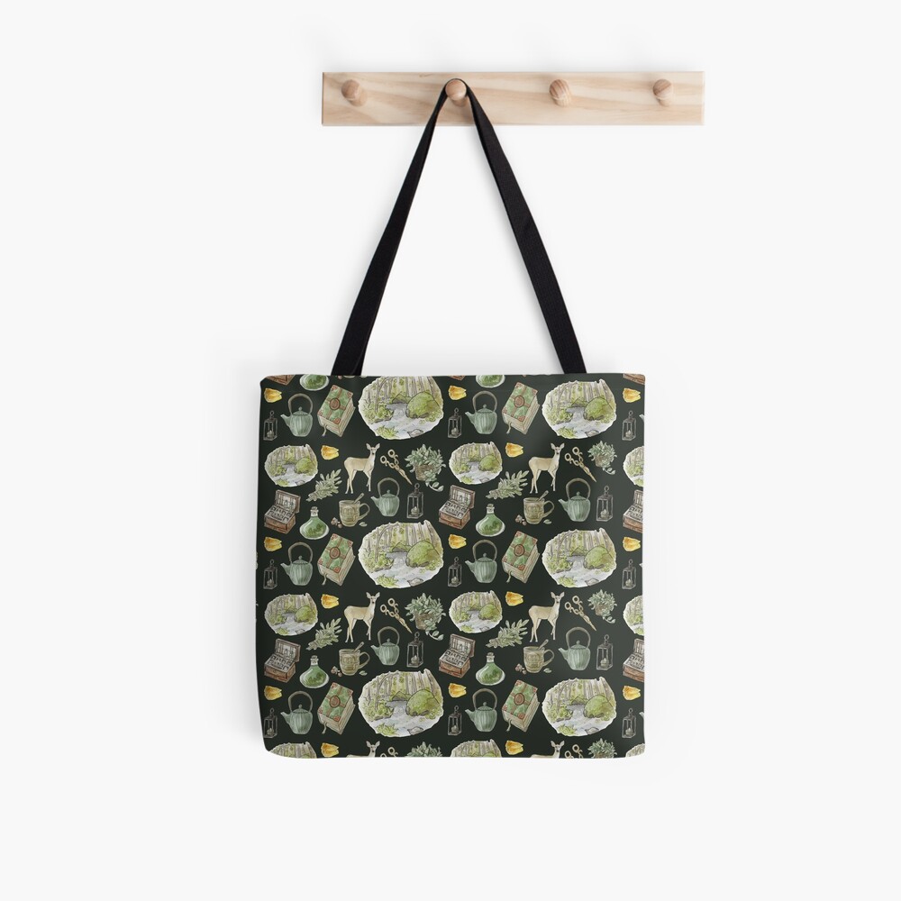 Green Witch Pattern - Wrap Around with Dark Background Tote Bag
