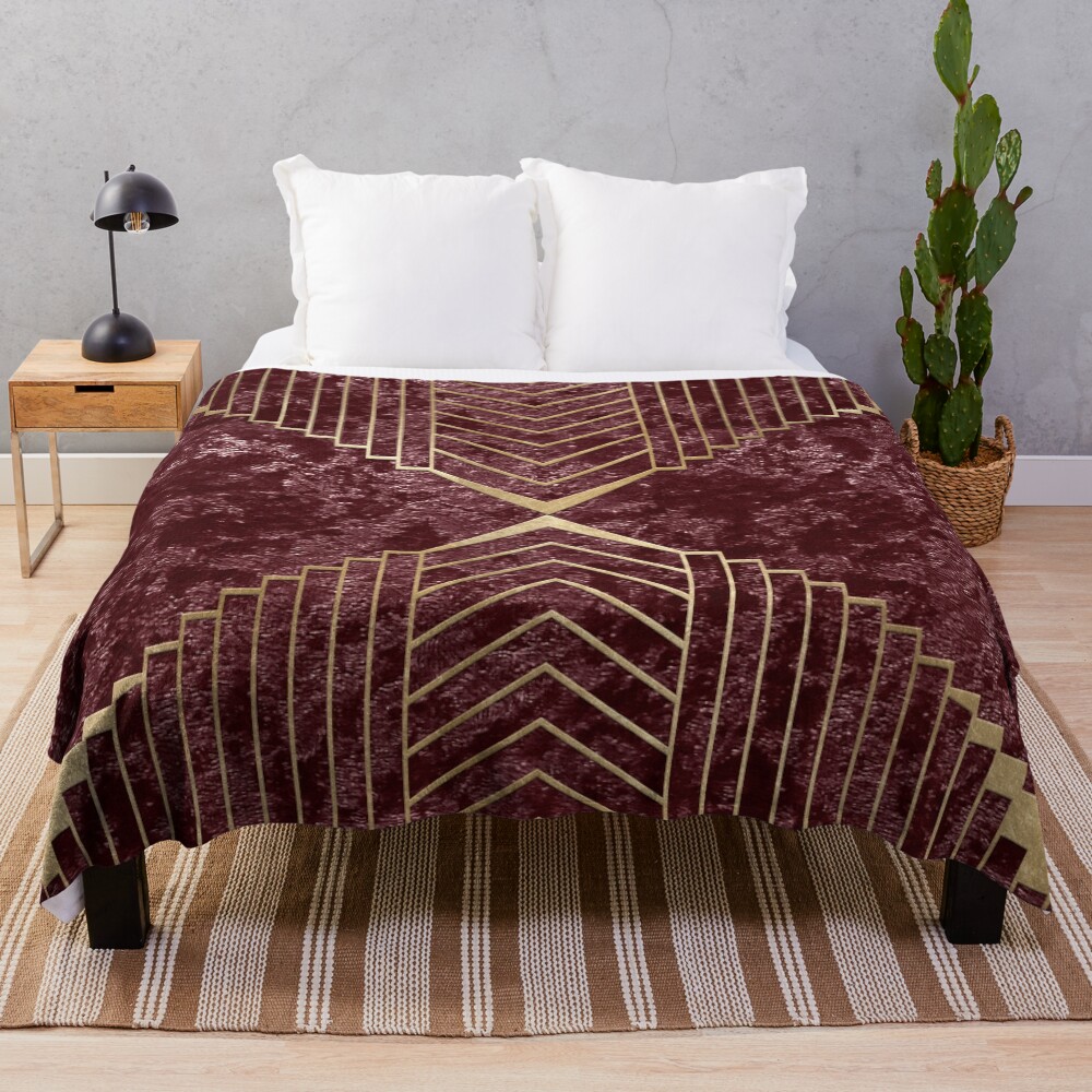 Art Deco Rich Burgundy Velvet Throw Blanket