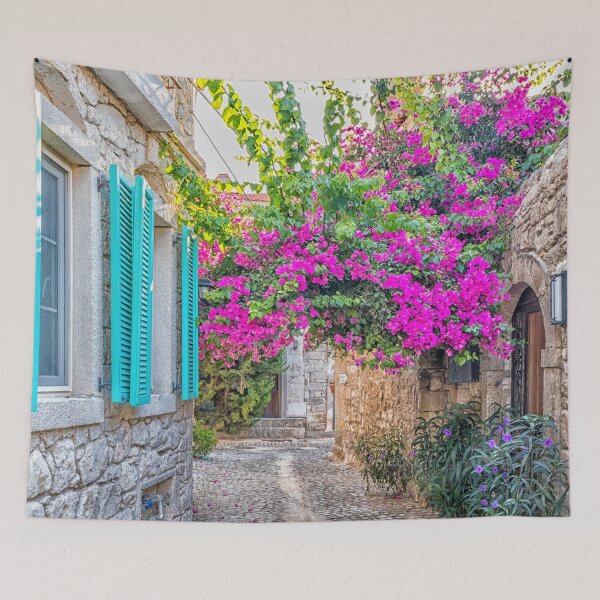 Item preview, Blue shutters on a house and purple bougainvillea designed and sold by Kevin Hellon.