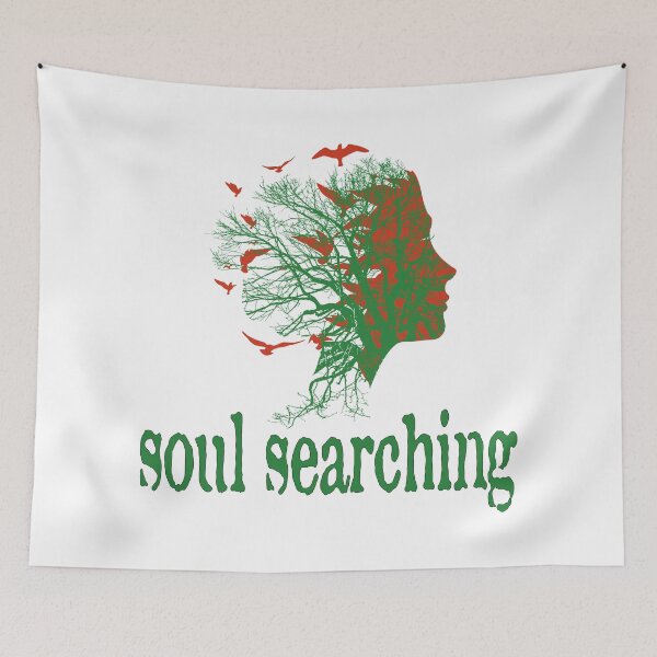 Item preview, a full tree with branches and roots embedded like a vein into a woman's head in side view breaking into flying birds with soul searching text design designed and sold by Bees-Honey-Gift.