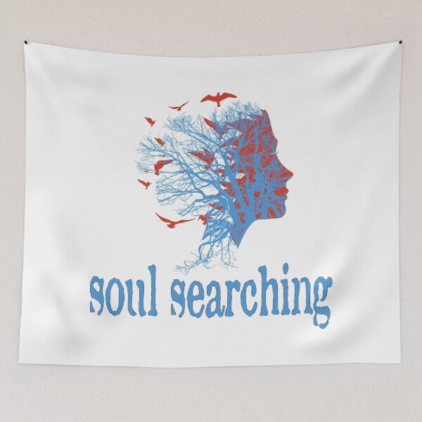 Item preview, a full tree with branches and roots embedded like a vein into a woman's head in side view breaking into flying birds with soul searching text design designed and sold by Bees-Honey-Gift.