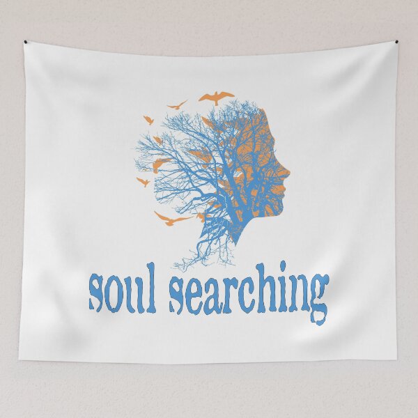 Item preview, a full tree with branches and roots embedded like a vein into a woman's head in side view breaking into flying birds with soul searching text design designed and sold by Bees-Honey-Gift.