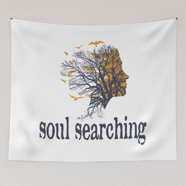 Item preview, a full tree with branches and roots embedded like a vein into a woman's head in side view breaking into flying birds with soul searching text design designed and sold by Bees-Honey-Gift.