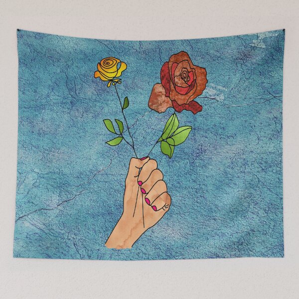 Item preview, Abstract fist holding flowers on a turquoise background. decorating, interiors designed and sold by jayne0524.