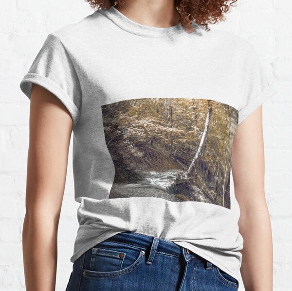Passerelle de pont en bois dans les bois en saison d'automne T-shirt classique