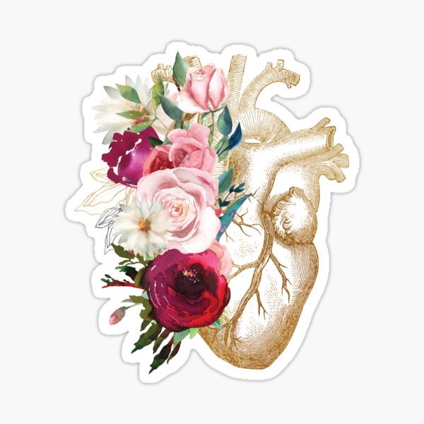 Heart Print With Vintage Flowers Glossy Sticker