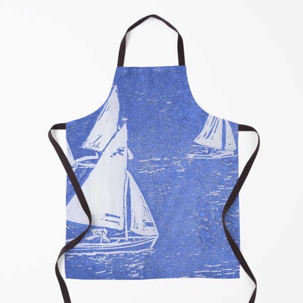 Item preview, Lino cut print in blue of Seabird sailing boats off Ravenspoint, Trearddur Bay, Anglesey, in North Wales designed and sold by LymphomaLass.