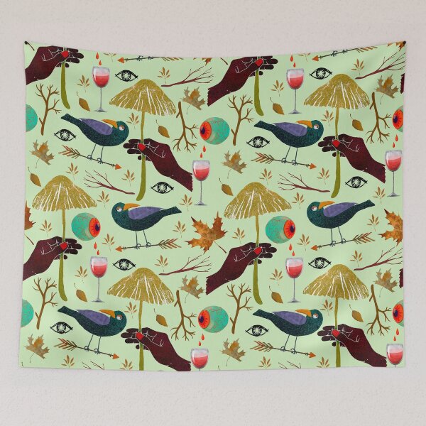 Item preview, crow, mushrooms, branches, bloody eyes, wineglasses, autumn leaves. Halloween theme. designed and sold by zatmeniee.