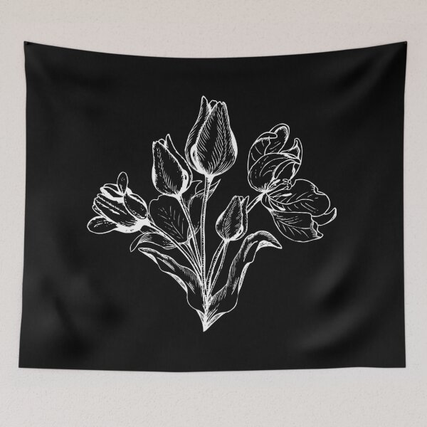 Item preview, Hand drawn black and white detailed bouquet of tulips on the black background designed and sold by NataBold.