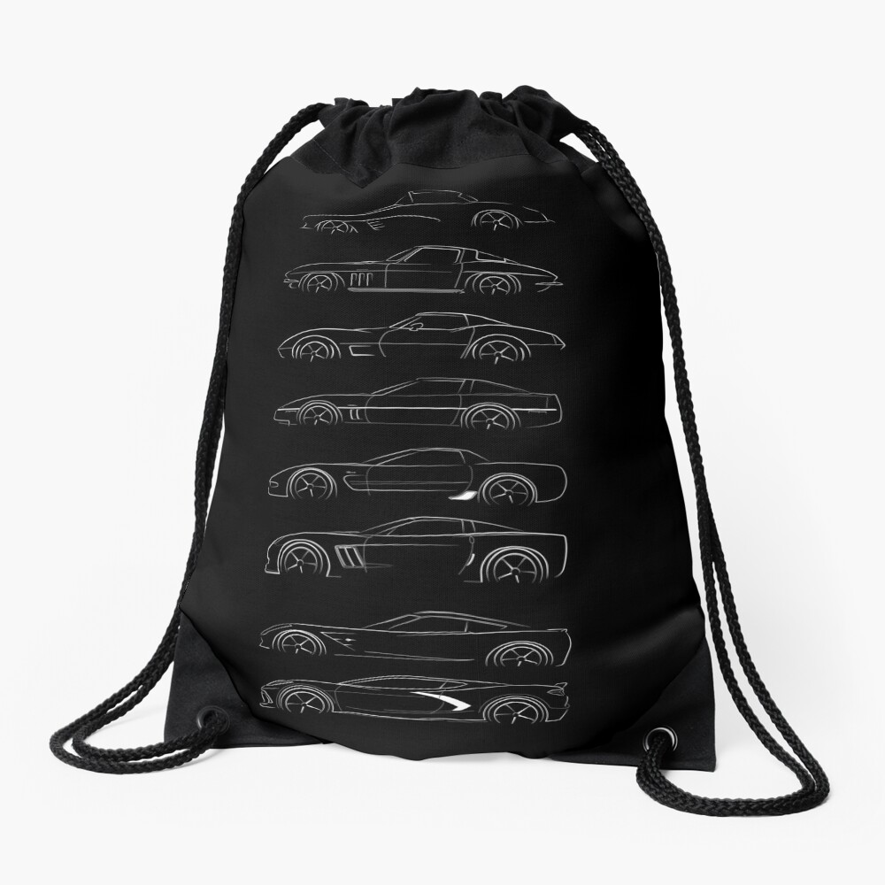 Evolution of the corvette - profile white Drawstring Bag