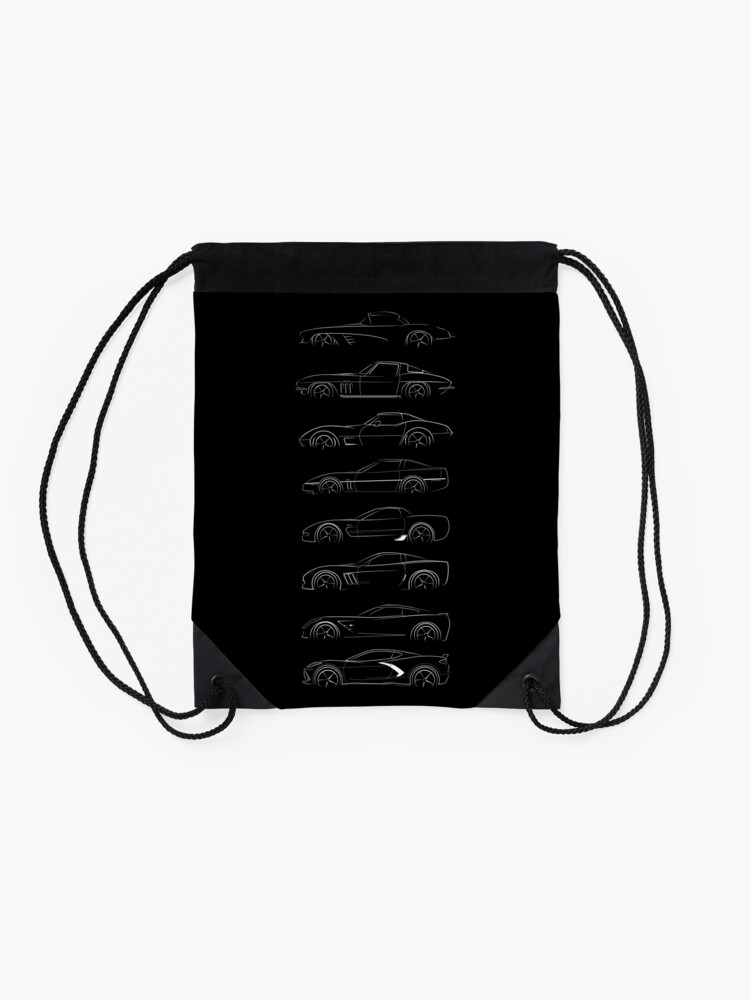 Alternate view of Evolution of the corvette - profile white Drawstring Bag