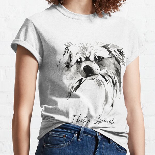 Beautiful Tibetan Spaniel Black and White Design with Title Classic T-Shirt