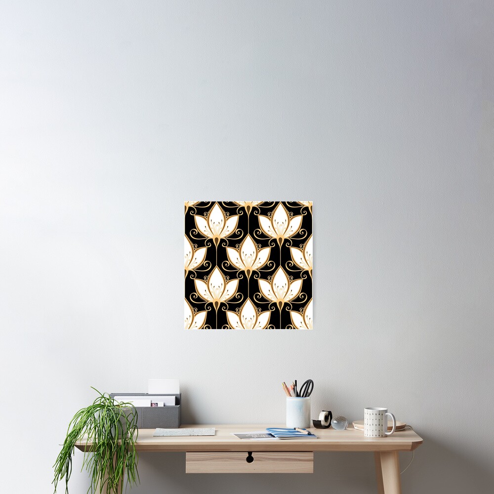 Art Deco Lotus Golden Tile Pattern Poster By Redwitchart Redbubble