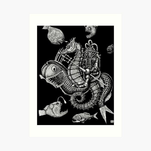 Poseidon ink pen surreal drawing Art Print