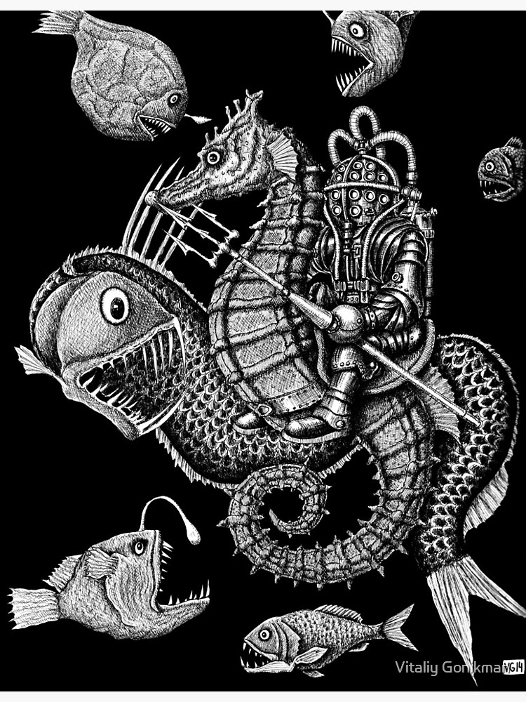 Poseidon ink pen surreal drawing by vitaliy