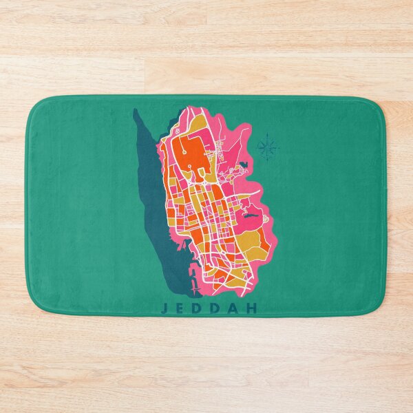 Item preview, Artistic map of Jeddah, Saudi Arabia in yellow, teal, blue and pink designed and sold by CreatEVEdesign.