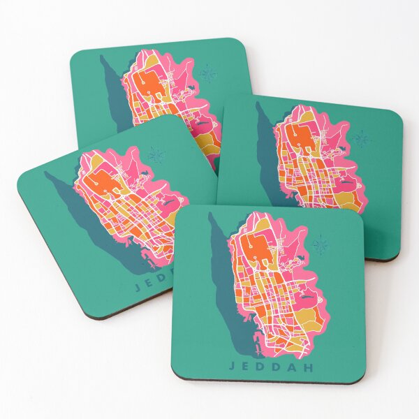 Item preview, Artistic map of Jeddah, Saudi Arabia in yellow, teal, blue and pink designed and sold by CreatEVEdesign.