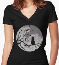 The Cat And The Moon Women's Fitted V-Neck T-Shirt