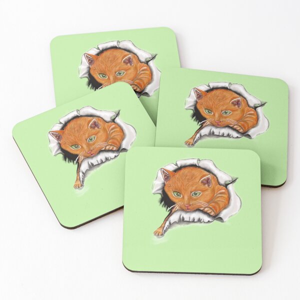 Item preview, Ginger cat bursting through hole kitten  - cute ginger kitten kitty green background designed and sold by Artonmytee.
