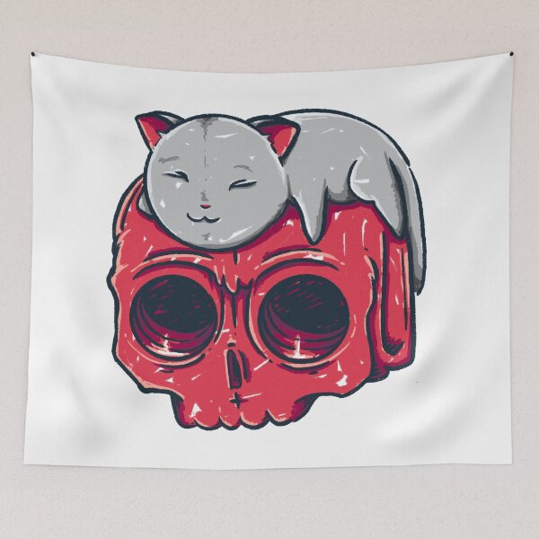 Item preview, Sleeping kitty on a red skull designed and sold by winterfree.