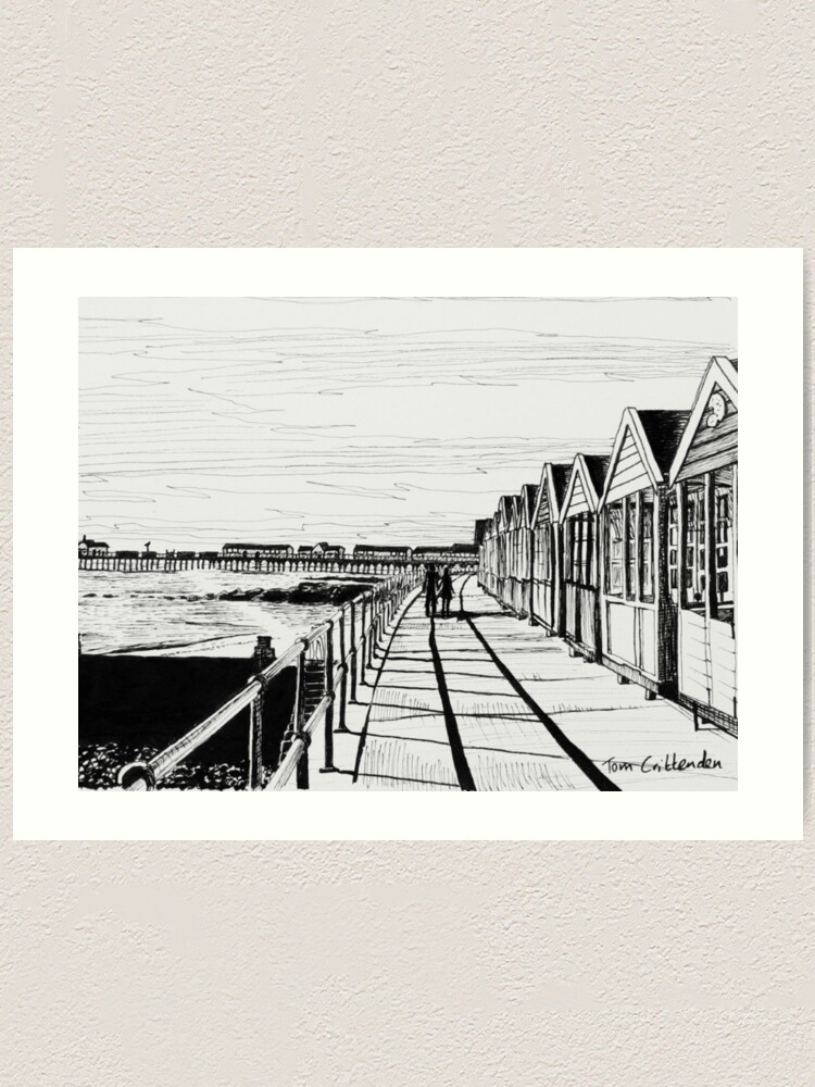 "Southwold Beach Huts at Sunset Ink Sketch" Art Print by TomCrittenden