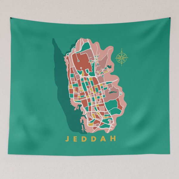 Item preview, Jeddah, Saudi Arabia in yellow, teal, green dusty pink, white, and raw umber designed and sold by CreatEVEdesign.