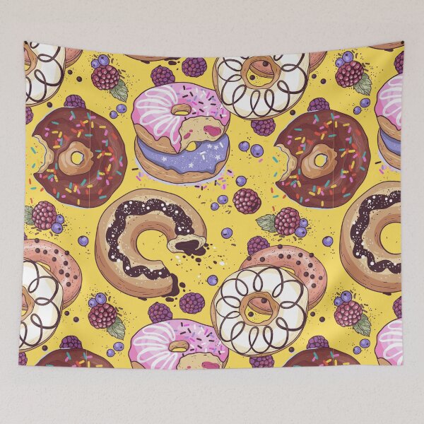 Item preview, Sweet tasty cute pink and chocolate donut with sprinkles yellow pattern with blue berries gift designed and sold by conceptDVS.