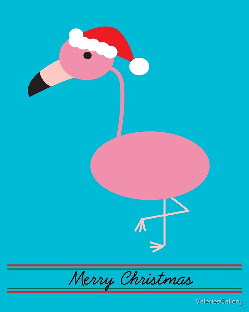 "Merry Christmas Pink Flamingos with Santa Hat" by ValeriesGallery