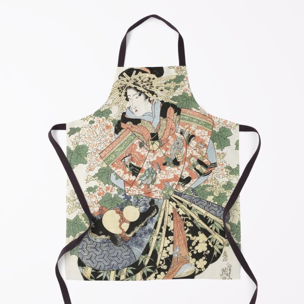 Item preview, GEISHA IN ELEGANT KIMONO WITH CARPS AND STRANGE MALE FIGURES, GREEN LEAVES ,PEAONIES Japanese Woodcut designed and sold by BulganLumini.