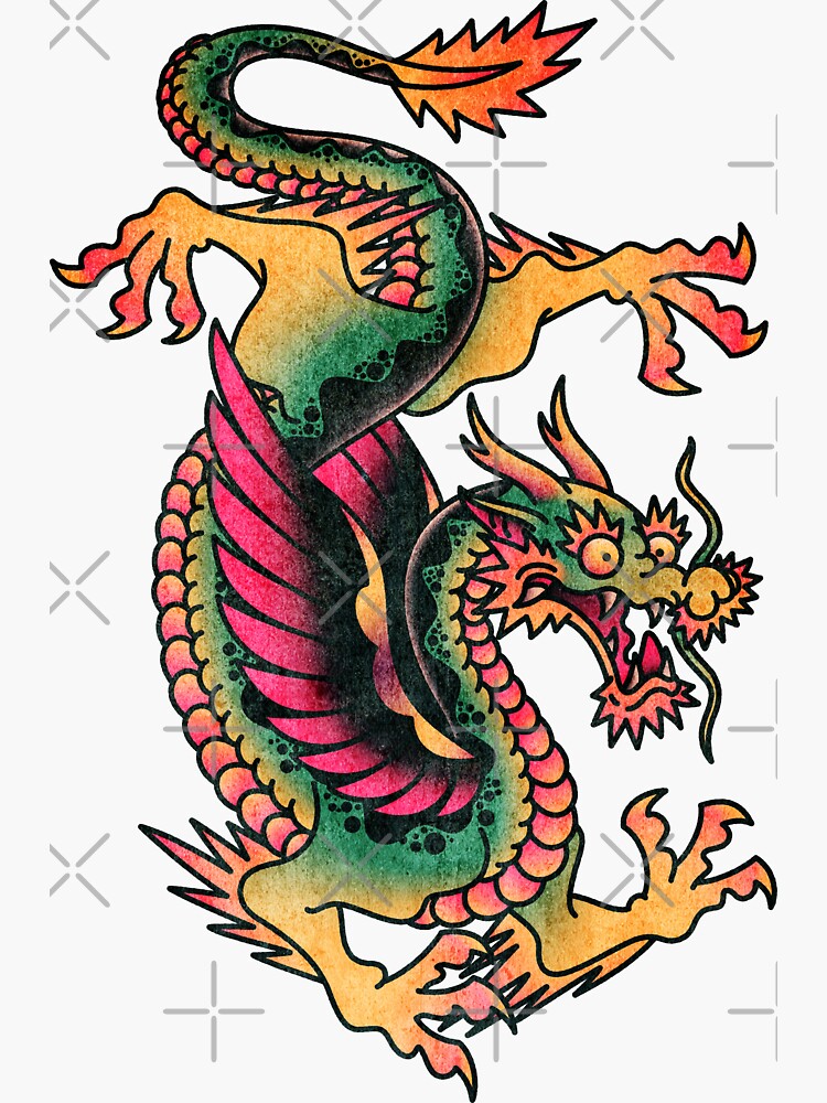 Thumbnail 3 of 3, Sticker, Salty-Dog2 American Traditional Dragon Grunge designed and sold by Salty-Dog2.