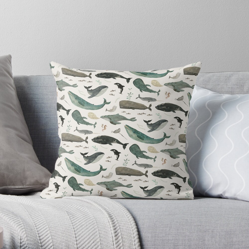 Ocean Whales Throw Pillow Whale Song by katherine_quinn Black  Whales Blue Gray Animals Sea 18x18 Square Throw Pillow by Spoonflower