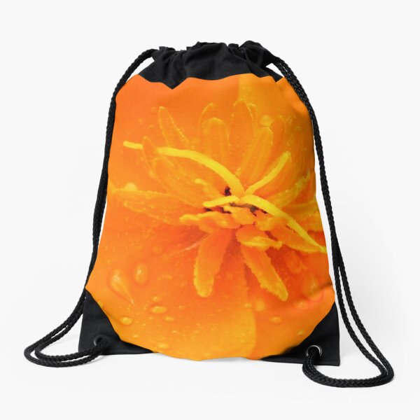 California poppy with raindrops Drawstring Bag