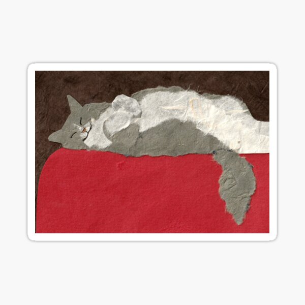 Fluffy Gray Cat on Red Sticker