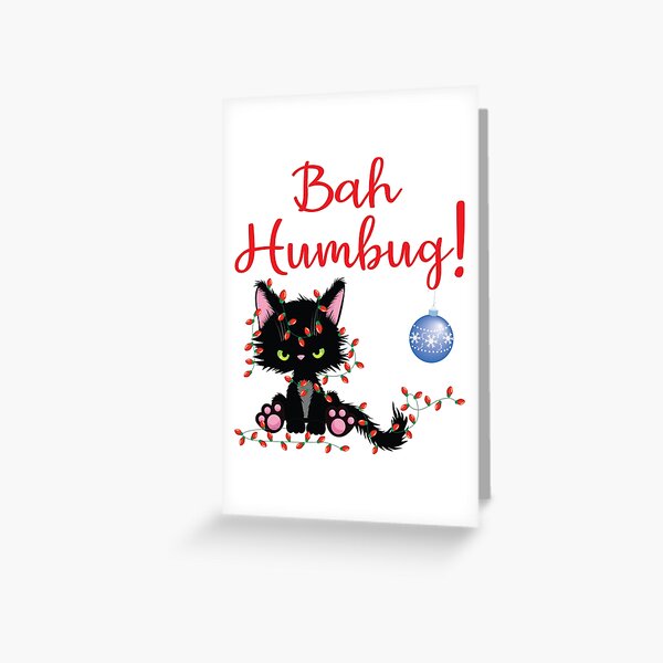 Bah Humbug! Grumpy Kitty Cat tangled in Christmas Lights Greeting Card