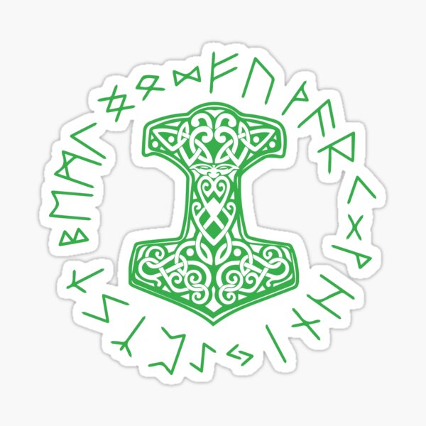 Green Vikings Mjolnir and Rune Wheel Norse Mythology Sticker