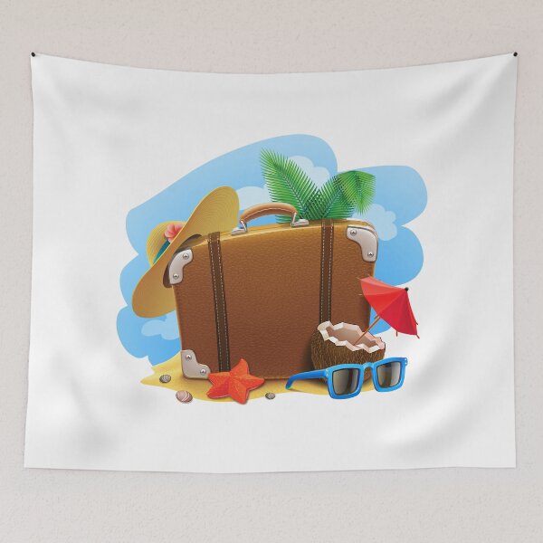 Item preview, Travel Suitcase Summer vacation, Summer Decorative, brown bag, blue sunglasses, and yellow sun hat illustration designed and sold by Halalolo.