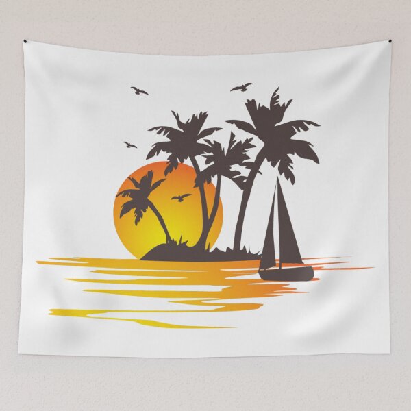 Item preview, silhouette of islet and boat during golden hour illustration, Cross-stitch Embroidery, Summer vacation theme designed and sold by Halalolo.