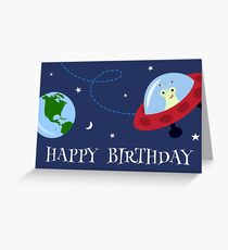 Cute alien i space with planet earth Happy Birthday card Greeting Card