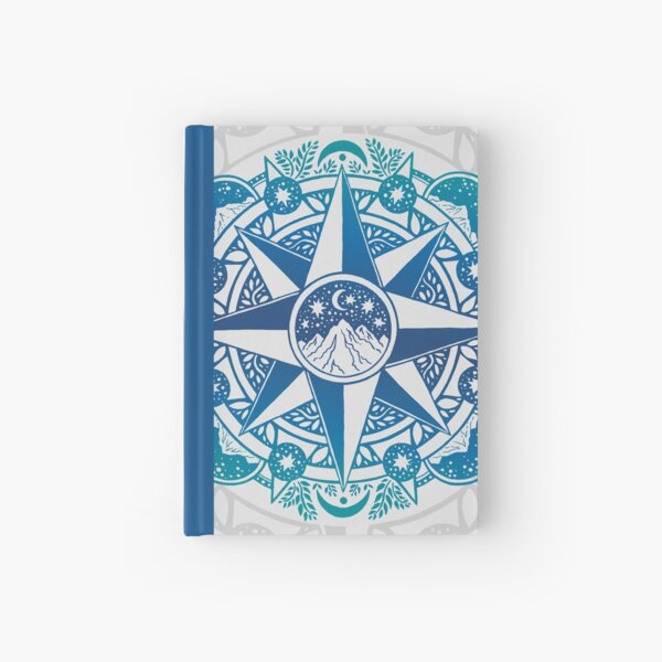 Journey to Moon Mountain | Turquoise Navy Ombré | Compass Rose Nature Mandala Hardcover Journal