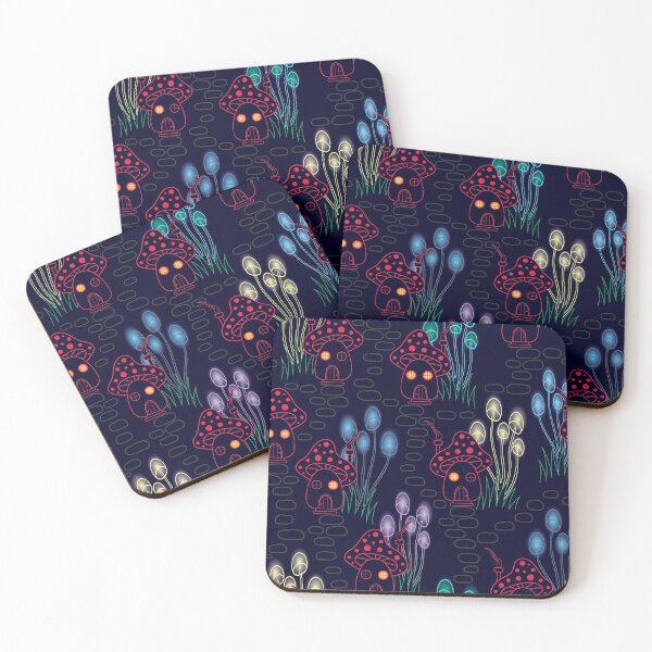 Item preview, cute red mushroom houses with glowing mushroom lamps pattern designed and sold by The Pattern Mill.