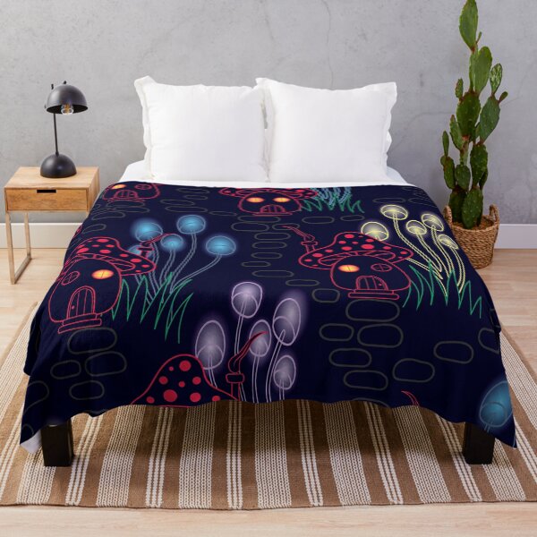 Item preview, cute red mushroom houses with glowing mushroom lamps pattern designed and sold by The Pattern Mill.
