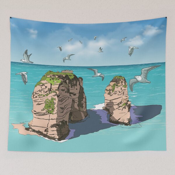 Item preview, Raouche rocks Beirut, Lebanon.Blue background with seagulls صخرة الروشة بيروت وطيور النورس designed and sold by mashmosh.
