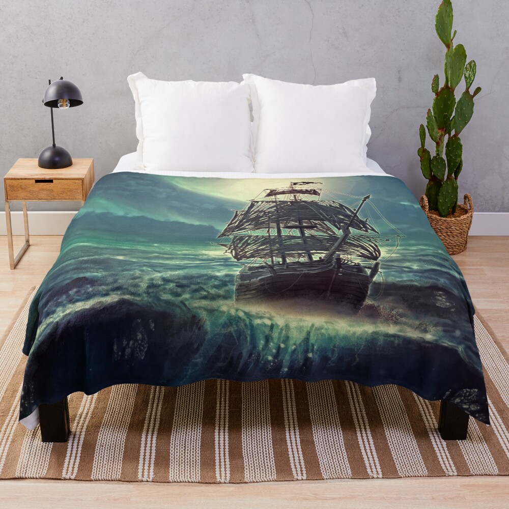 Ghost Pirate Ship at Night Throw Blanket