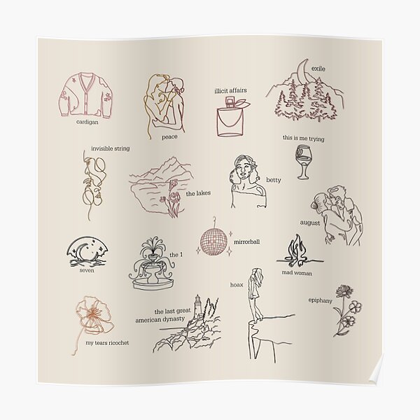 Taylor Swift Folklore Album Collection (Line art) Poster