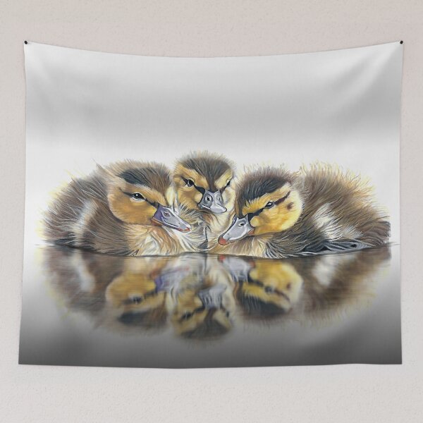 Item preview, Three cute fluffy ducklings with mirror reflection on the water designed and sold by IslesArt.