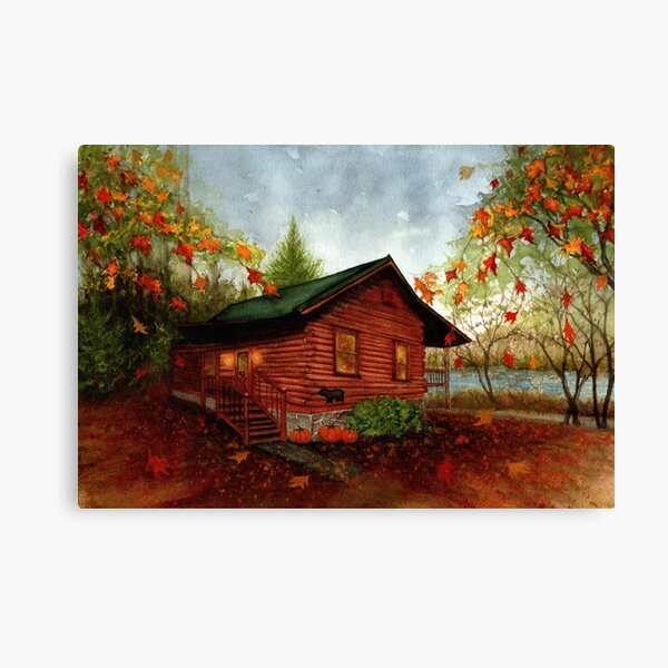 Item preview, Log Cabin by the Lake Autumn Blue Ridge Mountains  designed and sold by JanineRileyArt.