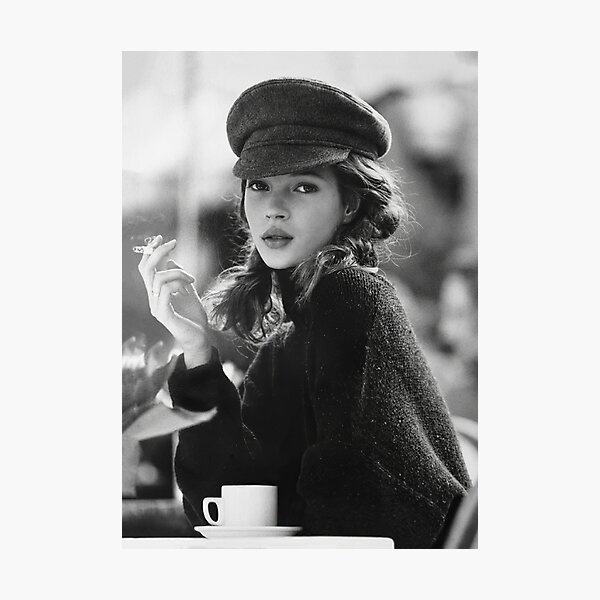 Kate Moss at Cafe, Black and White Vintage Art Photographic Print