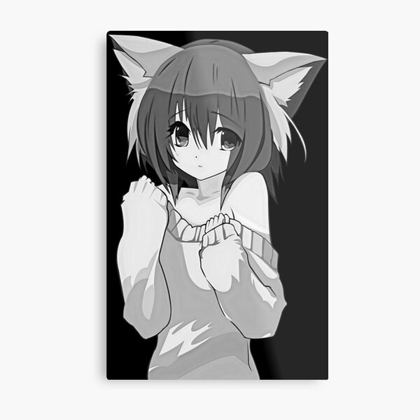 Impression Metallique Adorable Fille Chat D Anime Neko Avec De Beaux Yeux Bleus Cat Girl Ao Nanami Yozakura Quartet Anime Waifu Fond Noir Par Hot Angel Redbubble