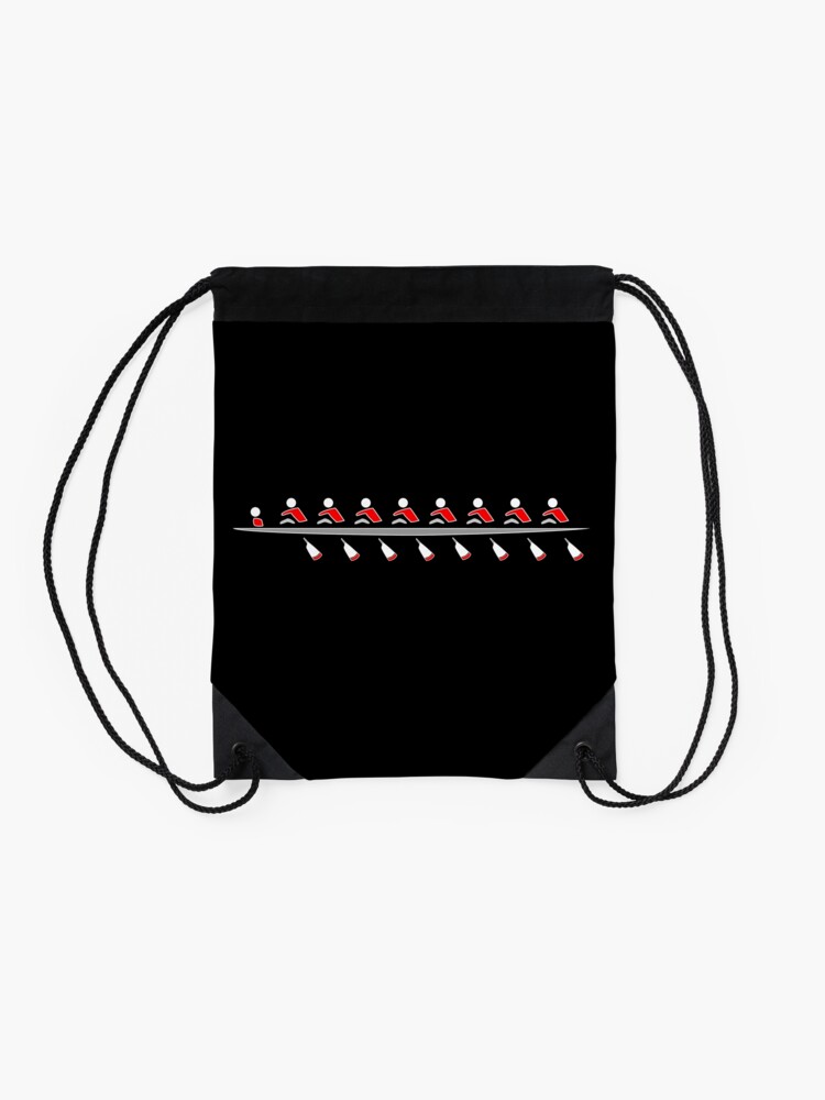 Alternate view of Rowing - 8+, red & black colors, dark background Drawstring Bag