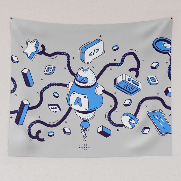 Item preview, multi-armed robot at work designed and sold by Mike Kiev art.